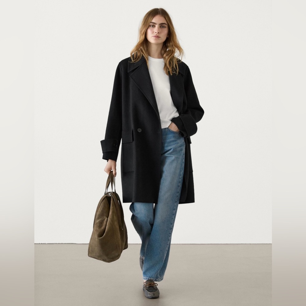 NWT Massimo Dutti Black Double Breasted Pocket Wool Blend Jacket Coat Sz Small - Picture 2 of 16